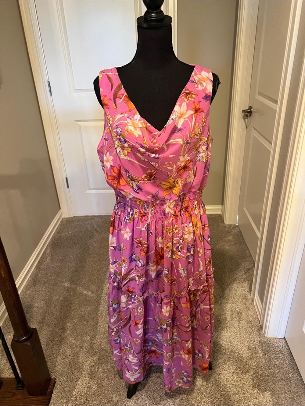 Maison Tara Pink & Orange Floral Draped Maxi Dress
